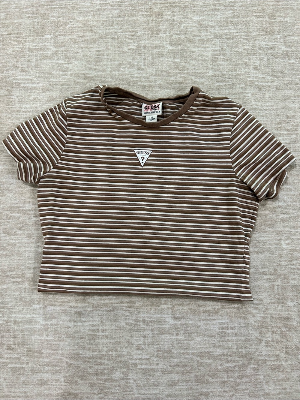 GUESS Brown & White Striped Cropped Tee